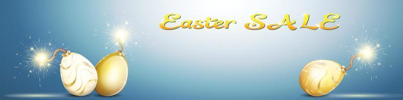 banner de venta de pascua con letras y bombas doradas de huevos de pascua. vector