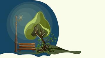 imagen vectorial de un solo árbol bajo la iluminación de una linterna en otoño y verano por la noche. parada ecológica para un transeúnte con una estilización de banco. eps 10 vector