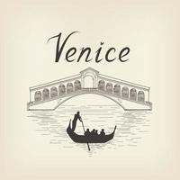 Venice famous landmark. Canal, gondola place view. Travel Italy background. City Rialto bridge  retro drawing vector