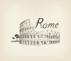 lugar famoso de roma con fondo de viajes de italia de letras. señal de grabado de punto de referencia de la ciudad vector