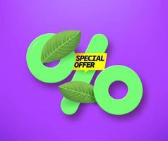 Spring and summer season sale banner with leaves and percentage sign. Special offer concept. 3d vector illustration