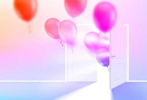 Opened door with shining and air balloons. holiday concept, 3d vector illustration
