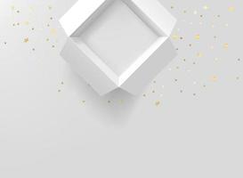 Opened white gift box with golden confetti on white table. 3d banner with copy space vector