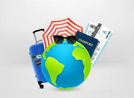 Summer vacation objects with the Earth. World travel concept. 3d vector illustration