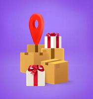 Postage boxes with map pin. Shipping concept. 3d vector illustration