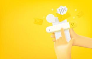 Online searching emails via mobile phone. 3d vector banner with copy space