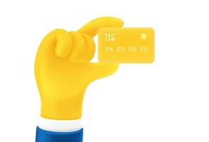 Man holding plastic card in a hand. Cute cartoon 3d style vector illustration