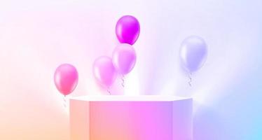 Illuminated podium with air balloons in bright room. Showcase for a product. 3d vector illustration