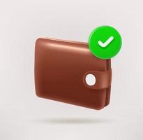 Leather wallet with checkmark. 3d vector icon