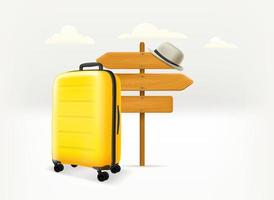 World travel concept with pointer and handbag. 3d vector illustration