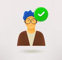Clever young man icon with checkmark. 3d vector icon