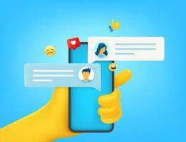 Hand holding modern smartphone with messenger application. Comic 3d style vector illustration