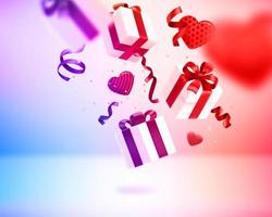 Valentines day card with falling gift boxes, hearts, ribbons and confetti. 3d vector banner