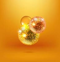 Glowing disco balls on gold background. Vector 3d bsnner with copy space