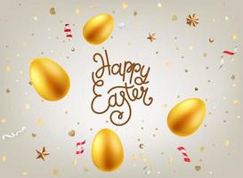 Happy Easter greeting card with golden eggs and lettering inscription vector