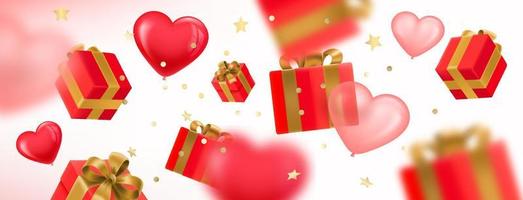 cajas de regalo y corazones cayendo. concepto de feliz día de san valentín. ilustración vectorial 3d vector