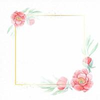 watercolor red peony flower with geometric golden frame on paper background with copy space for wedding invitation or Chinese new year vector