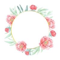 watercolor red peony with round golden wreath frame isolated on white background with copy space vector