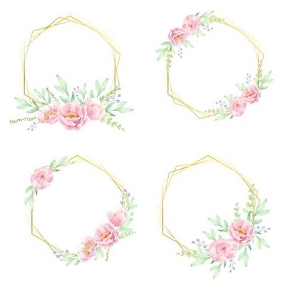 pink peony flower bouquet with golden geometric wreath frame collection for banner or logo