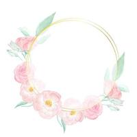 watercolor pink wild rose with golden frame wreath on pink splash background vector