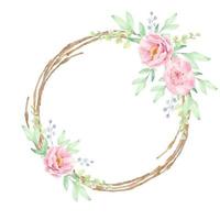 watercolor pink peony flower bouquet on brown dry twig wreath frame vector