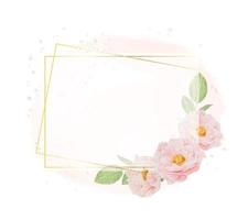 watercolor pink roses with golden wreath frame on watercolor background with copy space vector