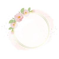 watercolor pink roses with golden wreath frame on watercolor background with copy space vector