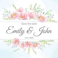 watercolor pink peony flower bouquet wreath with gold frame square wedding invitation card template vector