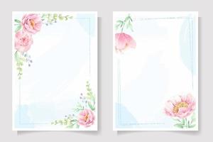 corona de ramo de flores de rosa rosa y peonía con marco sobre fondo de salpicadura de acuarela rosa invitación de boda o colección de plantillas de tarjetas de felicitación de cumpleaños vector
