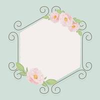 beautiful pink English roses on hexagon ivy arch wreath frame on blue grunge wood textured background vector