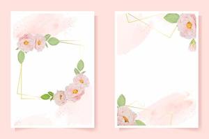 watercolor pink English rose with golden frame on pink splash background wedding or birthday invitation card template collection vector