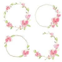 watercolor pink blooming magnolia flower and branch wreath frame collection vector