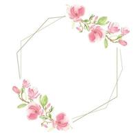 watercolor pink blooming magnolia flower and branch wreath geometric frame vector