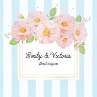 watercolor pink rose bouquet on gold square frame on blue strip background for banner or logo vector