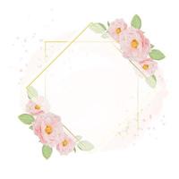 watercolor pink roses with golden wreath frame on watercolor background with copy space vector