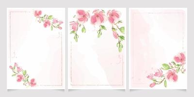 blooming magnolia flower branch on pink watercolor wet wash splash invitation card background template collection vector