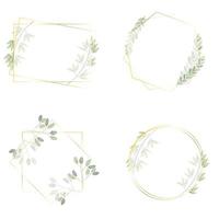 watercolor green leaves wreath with luxury golden frame collection vector