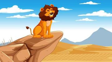 Desert scene with a lion sitting at the cliff vector