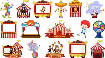 conjunto de personajes de circo y elementos del parque de atracciones. vector