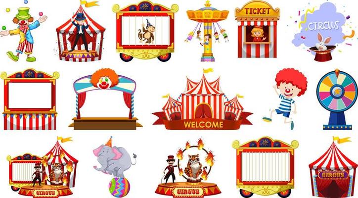 Set of circus characters and amusement park elements