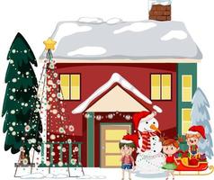 Snow covered house with Christmas light string vector