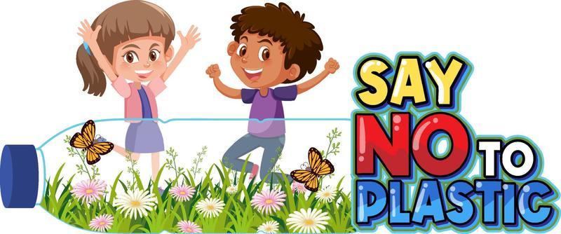 Say no to plastis logo design with cartoon children