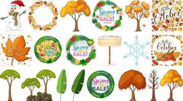 Set of four seasons trees and nature objects vector