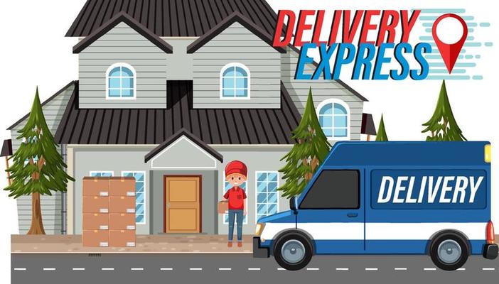 Delivery Express logotype with courier delivering packages