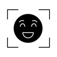 Facial recognition glyph icon. Face scan. Silhouette symbol. Emotion detection app. Face ID. Smiley in focus. Negative space. Vector isolated illustration