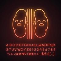 Sad human kidneys neon light icon. Unhealthy urinary tract. Urinary system disease. Glowing sign with alphabet, numbers and symbols. Vector isolated illustration