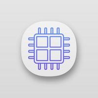 Quad core processor app icon. Four core microprocessor. Microchip, chipset. CPU. Central processing unit. Multi core processor. Integrated circuit. UI UX interface. Vector isolated illustration