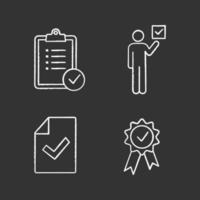 Approve chalk icons set. Verification and validation. Task planning, voter, document verification, award medal. Isolated vector chalkboard illustrations