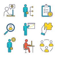 Business management color icons set. Technical chat, employee skills, task planning, staff searching, presentation, solution, manager, office, teamwork. Isolated vector illustrations