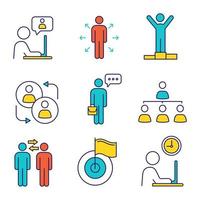 Business management color icons set. Chatting, decision, success, partnership, speech, hierarchy, partners, achievement, working hours. Isolated vector illustrations